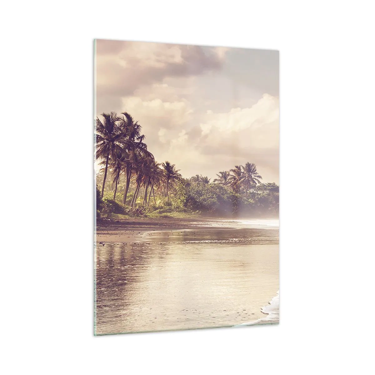 Cuadro sobre vidrio - Impresiones sobre Vidrio - Una playa dorada con palmeras y un océano en calma bajo la suave luz. - 50x70cm - La caricia de las olas - Decoración de pared moderna para salón y dormitorio ARTTOR