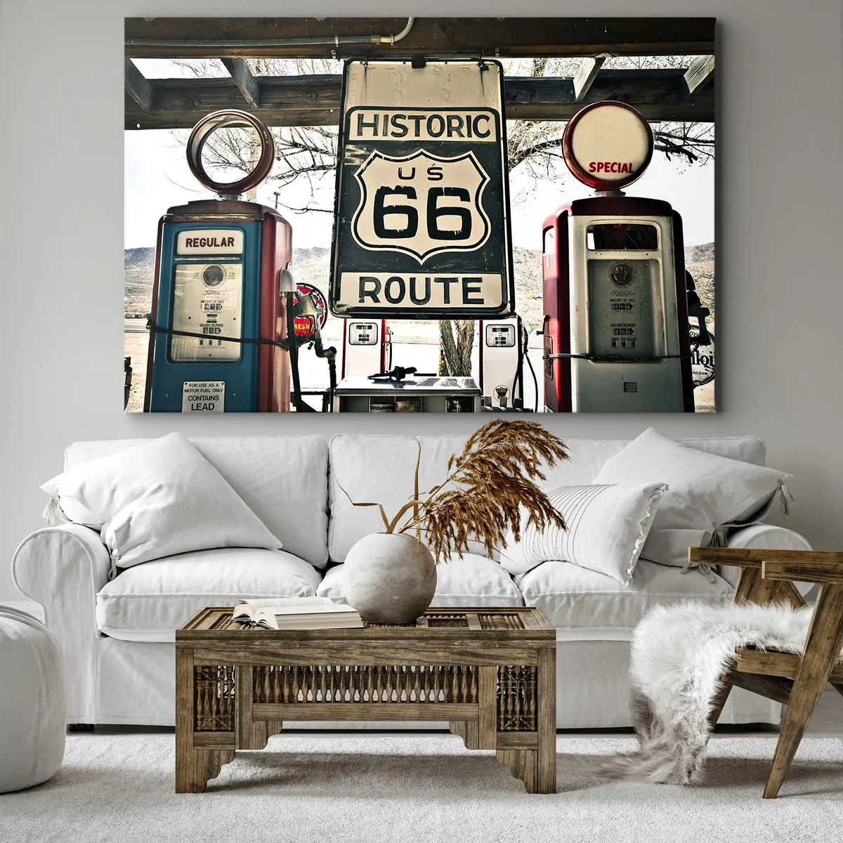 Cuadro sobre lienzo - Impresión de Imagen - Gasolinera histórica de la Ruta 66 - 70x50cm - Un viaje retro americano - Decoración de pared moderna para salón y dormitorio ARTTOR