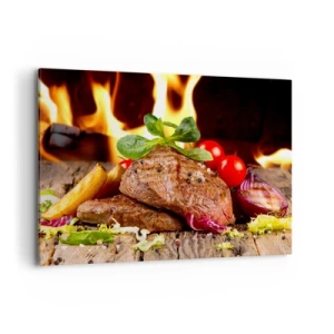 Cuadro sobre lienzo - Impresión de Imagen - Filete a la parrilla con acompañamientos con el telón de fondo de las llamas. - 100x70cm - Embrujo de fuego - Decoración de pared moderna para salón y dormitorio ARTTOR