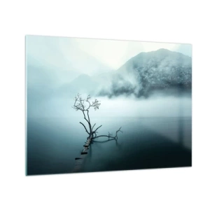 Cuadro sobre vidrio - Impresiones sobre Vidrio - Un árbol solitario con el telón de fondo de montañas envueltas en niebla sobre el agua. - 70x50cm - Fuera del agua y de la niebla - Decoración de pared moderna para salón y dormitorio ARTTOR
