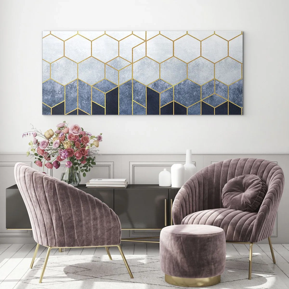 Cuadro sobre vidrio - Impresiones sobre Vidrio - Patrón geométrico en tonos dorados y azul marino. - 120x50cm - Composición rítmica visual - Decoración de pared moderna para salón y dormitorio ARTTOR