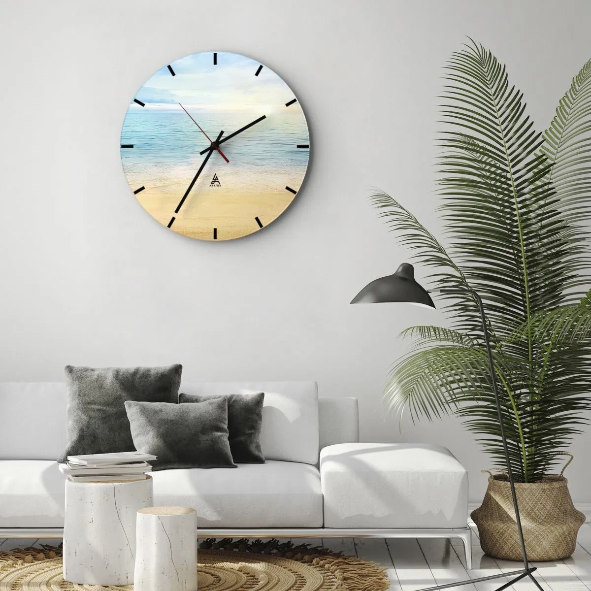 Reloj de pared - Reloj de vidrio - Una playa tranquila con mar azul y cielo despejado. - 30x30cm - Gran cielo azul - Decoración de pared moderna para salón, cocina y dormitorio ARTTOR