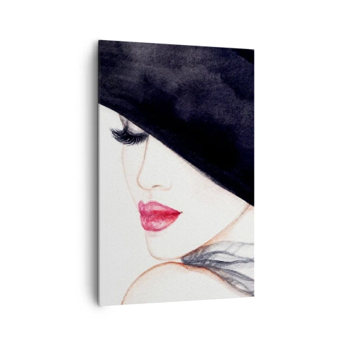 Cuadro sobre lienzo - Impresión de Imagen - Una ilustración sutil de una mujer con un sombrero negro y labios rojos. - 80x120cm - Elegancia y sensualidad - Decoración de pared moderna para salón y dormitorio ARTTOR
