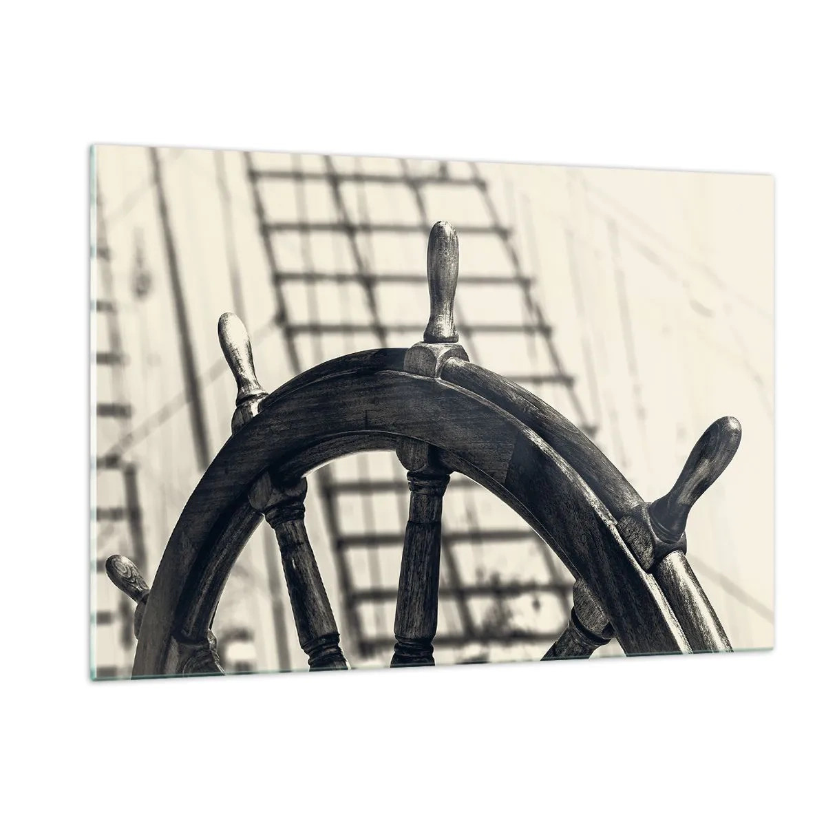 Cuadro sobre vidrio - Impresiones sobre Vidrio - Timón de barco náutico en blanco y negro - 120x80cm - Un cuento marino - Decoración de pared moderna para salón y dormitorio ARTTOR