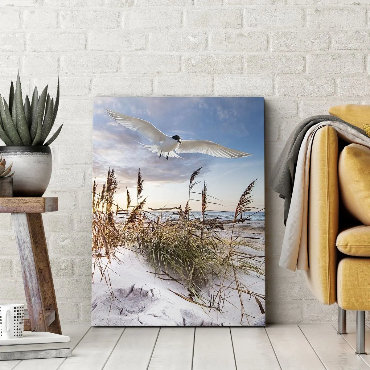 Cuadro sobre lienzo - Impresión de Imagen - Playa con gaviotas volando al atardecer - 50x70cm - Viento del mar - Decoración de pared moderna para salón y dormitorio ARTTOR