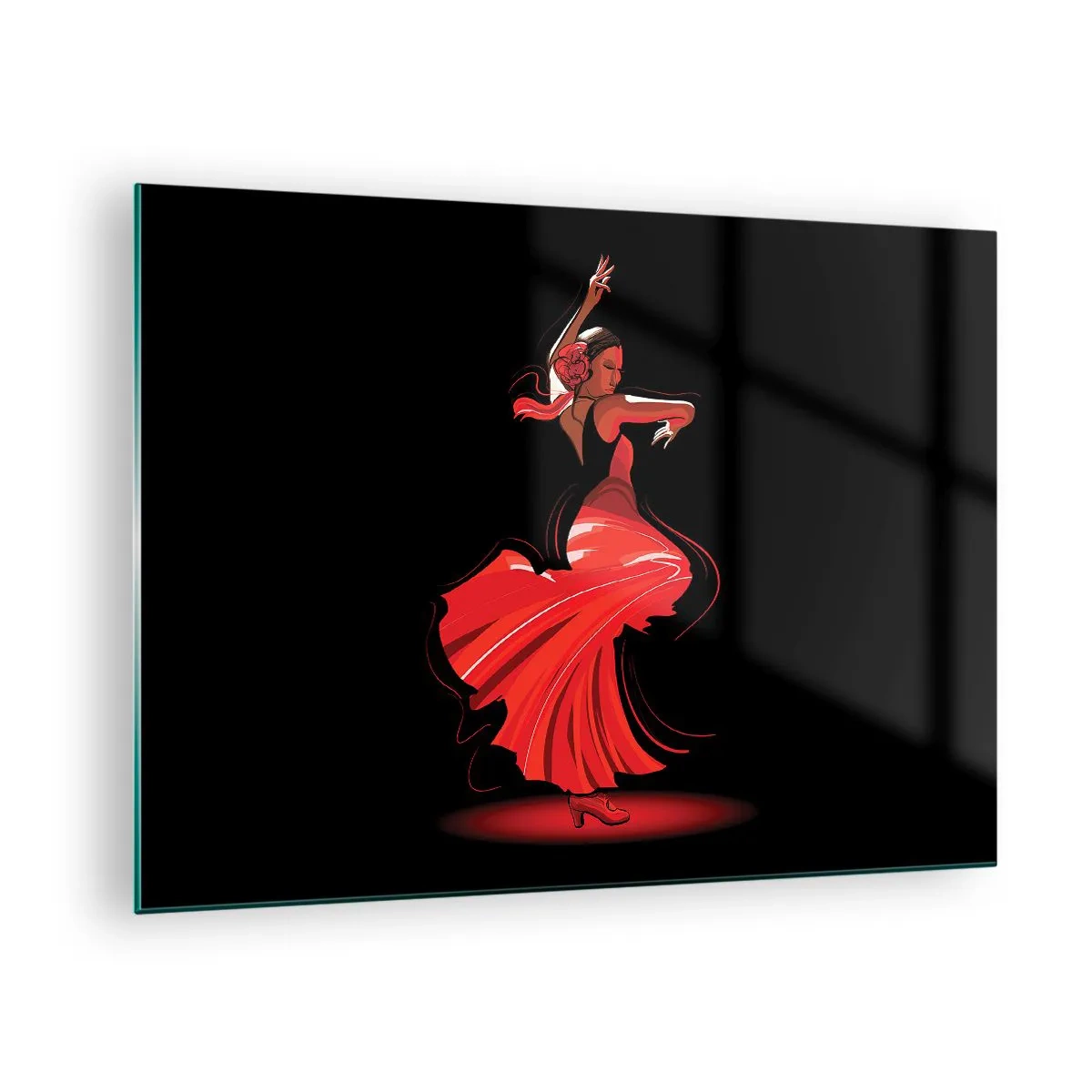 Cuadro sobre vidrio - Impresiones sobre Vidrio - Bailaora de flamenco con vestido rojo sobre fondo negro - 70x50cm - El espíritu ardiente del flamenco - Decoración de pared moderna para salón y dormitorio ARTTOR