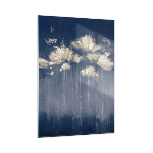 Cuadro sobre vidrio - Impresiones sobre Vidrio - Arreglo floral abstracto dorado sobre un fondo azul marino - 50x70cm - Como pétalos al viento - Decoración de pared moderna para salón y dormitorio ARTTOR