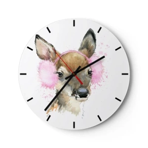 Reloj de pared - Reloj de vidrio - Un ciervo con orejeras rosas - 30x30cm - Y el frío no te molestará más - Decoración de pared moderna para salón, cocina y dormitorio ARTTOR