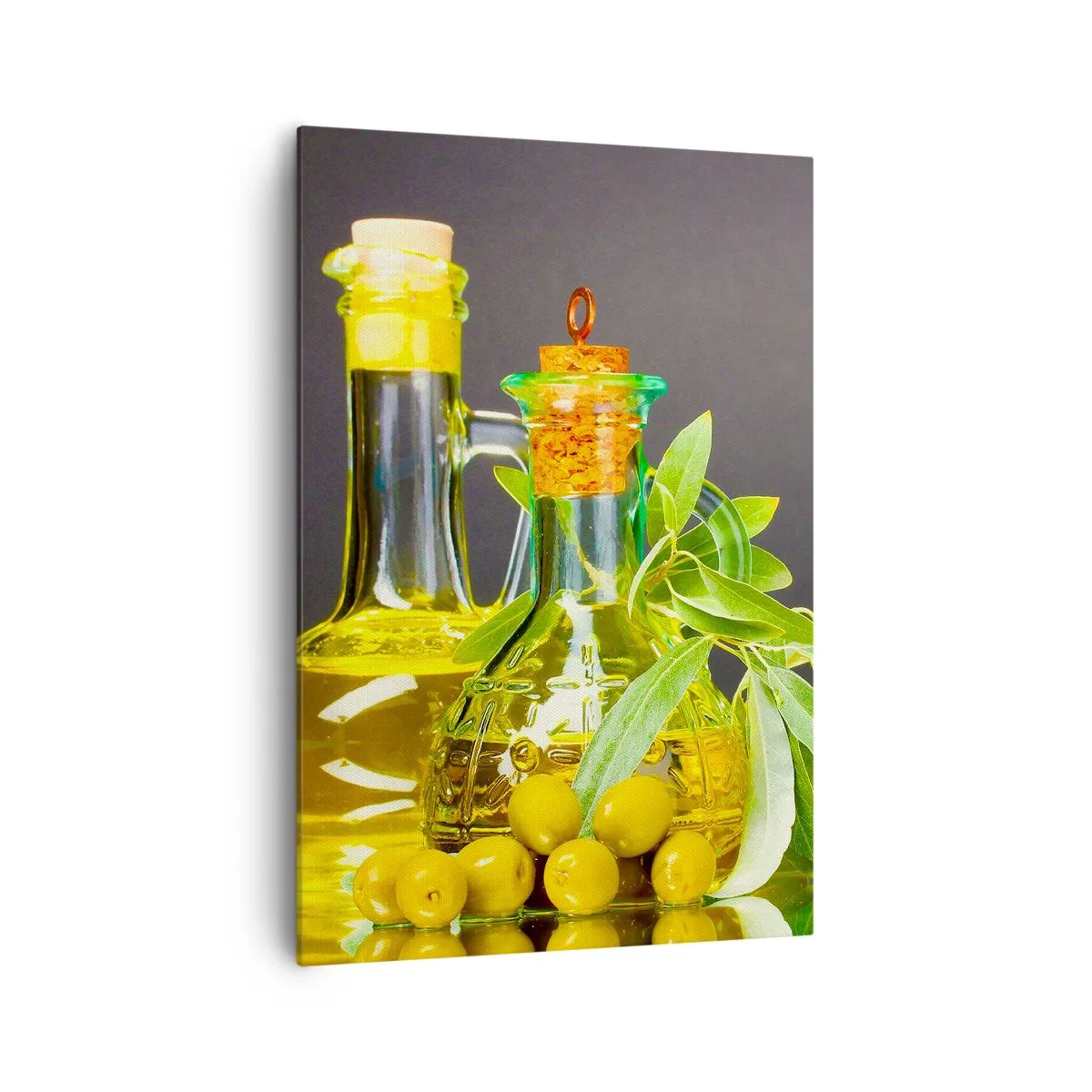 Cuadro sobre lienzo - Impresión de Imagen - Botellas de aceite de oliva y ramas de olivo - 70x100cm - Bodegón con aceitunas y aceite - Decoración de pared moderna para salón y dormitorio ARTTOR