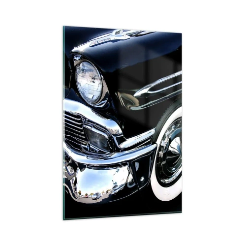 Cuadro sobre vidrio - Impresiones sobre Vidrio - Primer plano del faro y el guardabarros de un coche clásico negro - 80x120cm - Clásicos en plata, negro y blanco - Decoración de pared moderna para salón y dormitorio ARTTOR