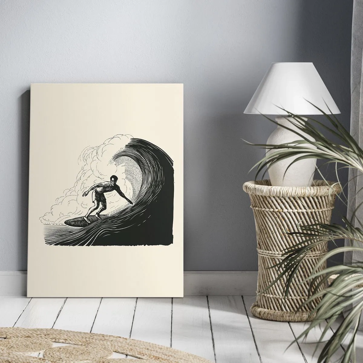 Cuadro sobre lienzo - Impresión de Imagen - Gráfico en blanco y negro de un surfista montando una ola. - 50x70cm - Rey de la ola - Decoración de pared moderna para salón y dormitorio ARTTOR