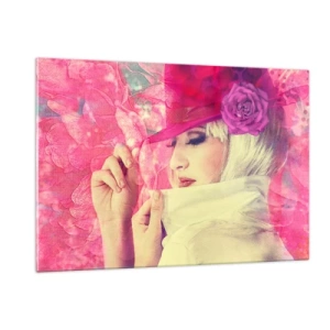 Cuadro sobre vidrio - Impresiones sobre Vidrio - Ilustración de una mujer con un sombrero rosa y una flor al fondo. - 120x80cm - Retrato retro en rosa - Decoración de pared moderna para salón y dormitorio ARTTOR