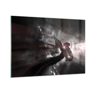 Cuadro sobre vidrio - Impresiones sobre Vidrio - Saxofonista en una nube de humo en blanco y negro - 100x70cm - En el vapor del jazz - Decoración de pared moderna para salón y dormitorio ARTTOR