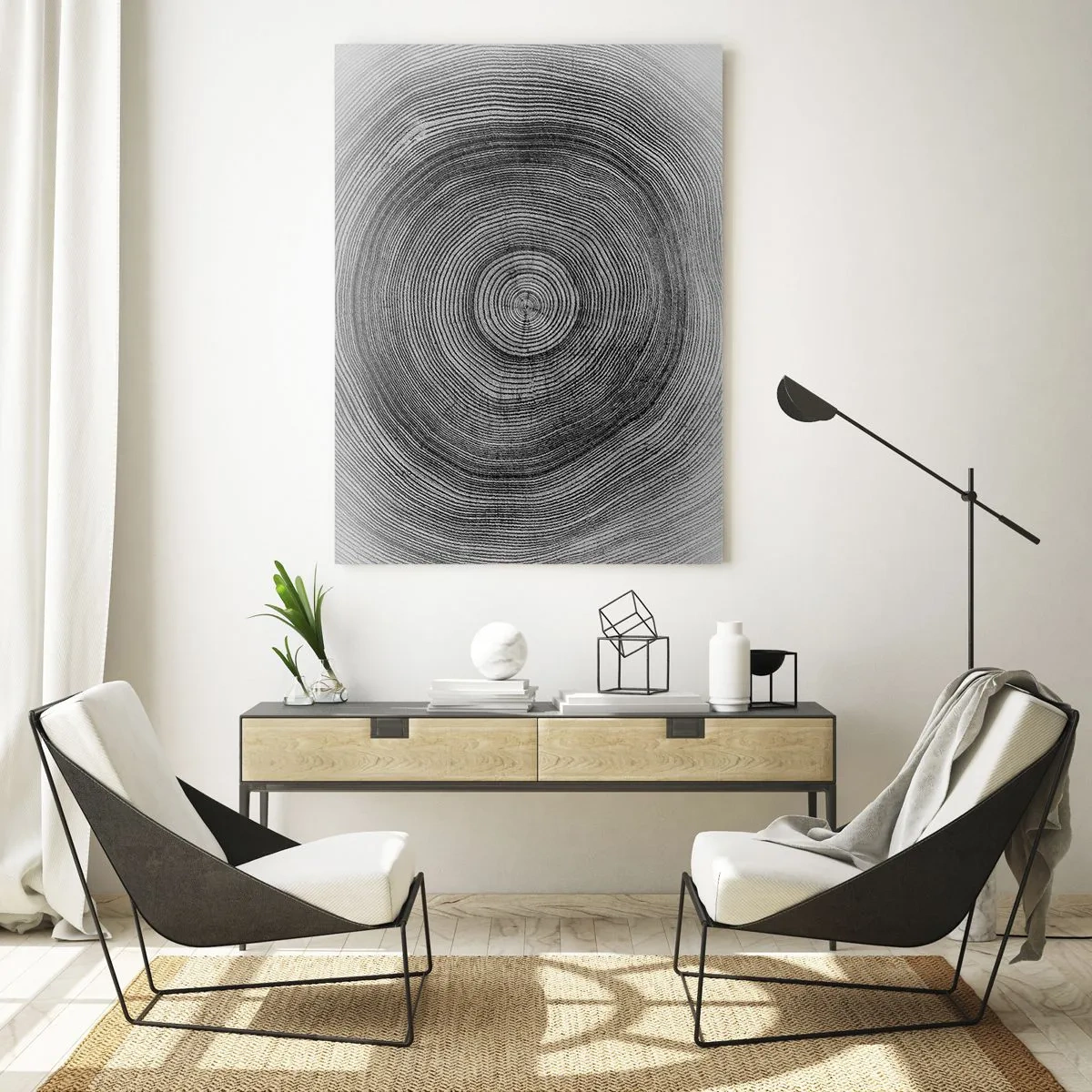 Cuadro sobre vidrio - Impresiones sobre Vidrio - Patrón de anillos de árboles en blanco y negro que muestra una sección transversal del tronco. - 70x100cm - El paso del tiempo - Decoración de pared moderna para salón y dormitorio ARTTOR