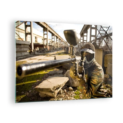 Cuadro sobre vidrio - Impresiones sobre Vidrio - Jugador de paintball en acción en un entorno industrial - 70x50cm - Y puedes ser un héroe - Decoración de pared moderna para salón y dormitorio ARTTOR