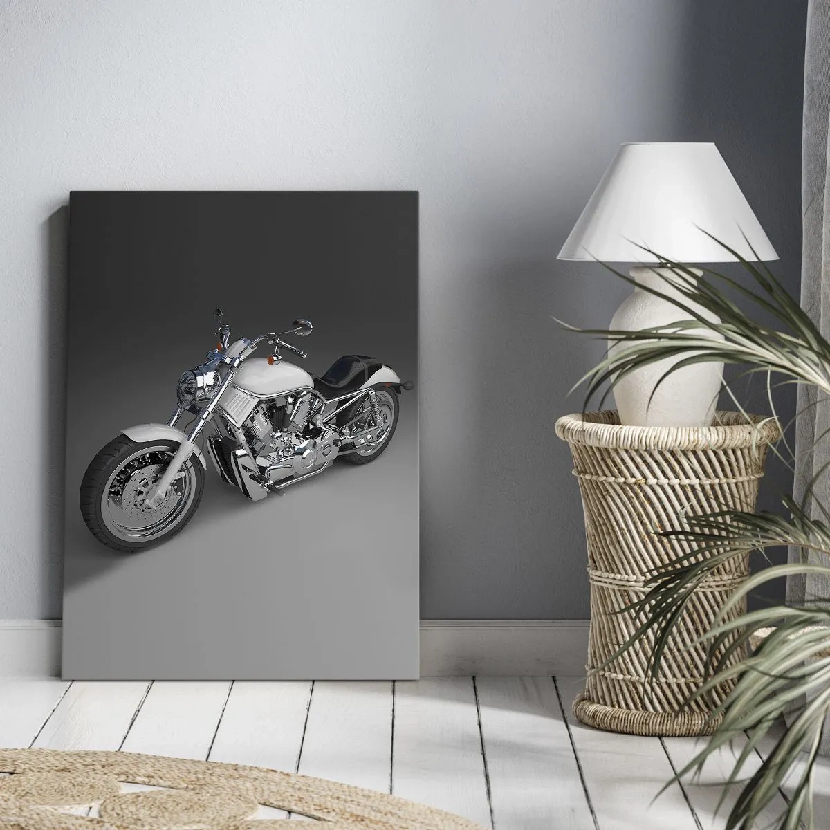 Cuadro sobre lienzo - Impresión de Imagen - Motocicleta cruiser blanca sobre fondo gris - 50x70cm - Solo puedes arrodillarte - Decoración de pared moderna para salón y dormitorio ARTTOR