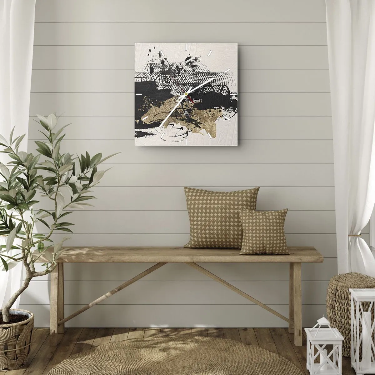 Reloj de pared - Reloj de vidrio - Una pintura abstracta en negro y dorado con líneas y estructuras dinámicas. - 30x30cm - Composición con pasión - Decoración de pared moderna para salón y dormitorio ARTTOR
