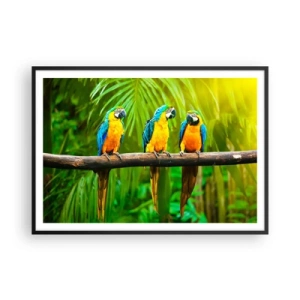 Póster en marco negro - Tres loros coloridos sobre un fondo de vegetación tropical. - 100x70cm - ¿Y has oído que ella...? - Decoración de pared moderna para salón y dormitorio ARTTOR