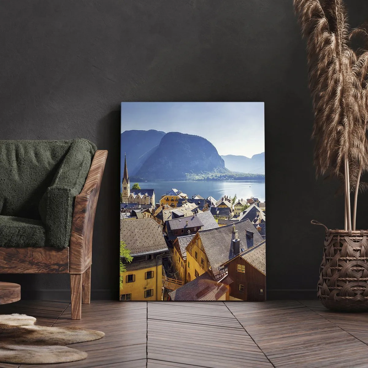Cuadro sobre lienzo - Impresión de Imagen - Un pintoresco pueblo junto a un lago rodeado de montañas en un día soleado. - 80x120cm - No podría ser más pintoresco - Decoración de pared moderna para salón y dormitorio ARTTOR