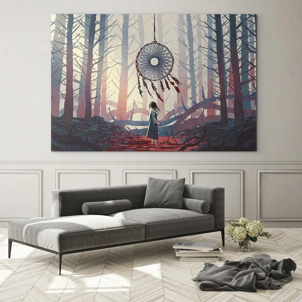 Cuadro sobre vidrio - Impresiones sobre Vidrio - Una figura en el bosque mira un gran atrapasueños que flota en el aire. - 100x70cm - El ritual secreto de la felicidad - Decoración de pared moderna para salón y dormitorio ARTTOR