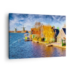 Cuadro sobre lienzo - Impresión de Imagen - Casas pintorescas y molinos de viento junto al agua - 70x50cm - Durante siglos, sin cambios - Decoración de pared moderna para salón y dormitorio ARTTOR