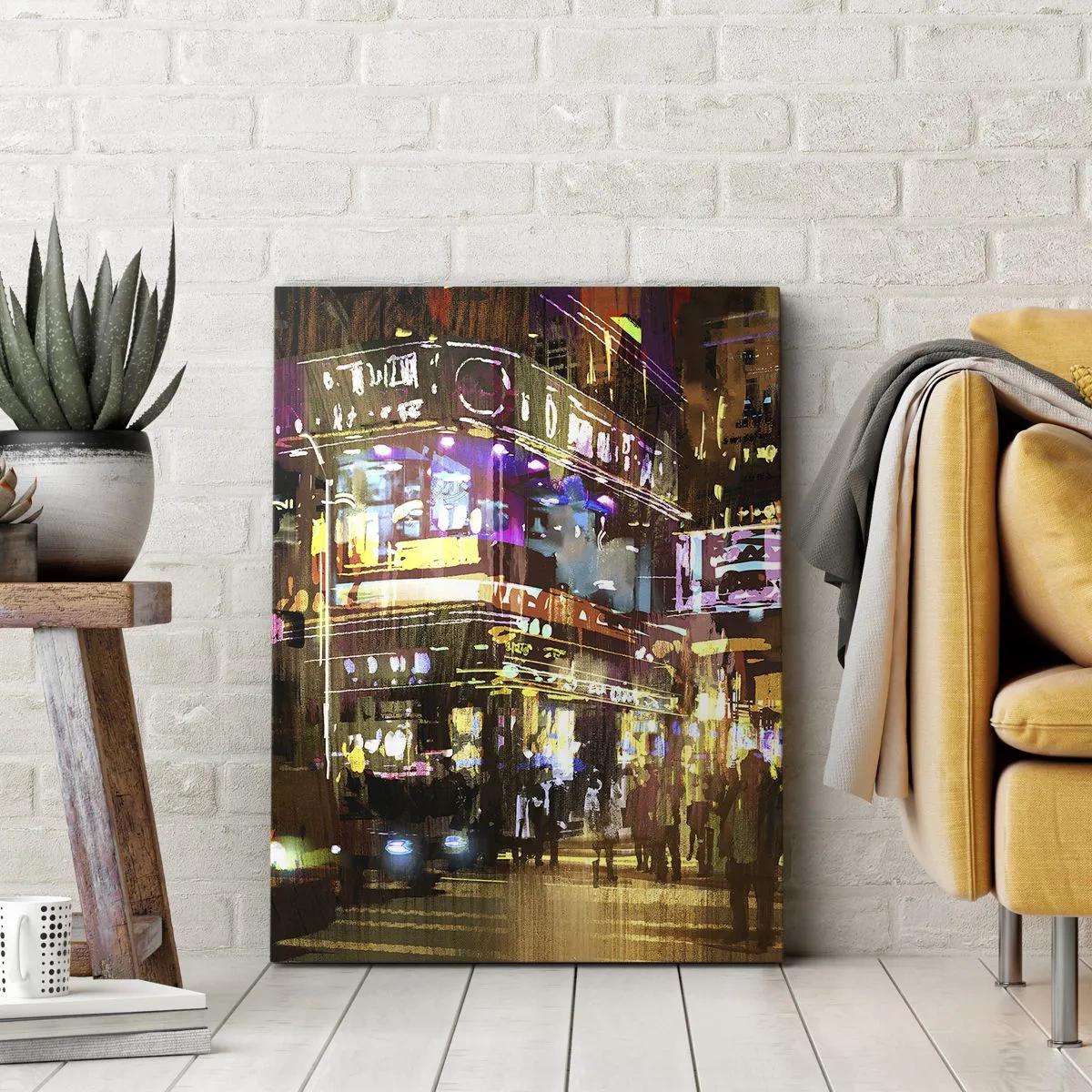 Cuadro sobre lienzo - Impresión de Imagen - Una ciudad vibrante por la noche bajo la luz de neón. - 50x70cm - En un mar de luz - Decoración de pared moderna para salón y dormitorio ARTTOR