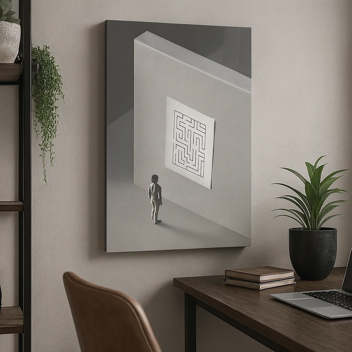 Cuadro sobre lienzo - Impresión de Imagen - Una figura en un laberinto mirando un mapa colgado. - 50x70cm - ¿Pero dónde estoy? - Decoración de pared moderna para salón y dormitorio ARTTOR