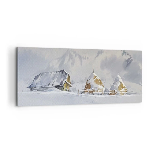 Cuadro sobre lienzo - Impresión de Imagen - Paisaje invernal con una cabaña y pajares en las montañas - 120x50cm - En un valle nevado - Decoración de pared moderna para salón y dormitorio ARTTOR