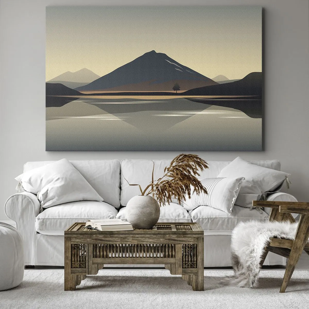 Cuadro sobre lienzo - Impresión de Imagen - Paisaje de montaña minimalista con reflejo en el agua. - 120x80cm - Reflejo de espejo - Decoración de pared moderna para salón y dormitorio ARTTOR