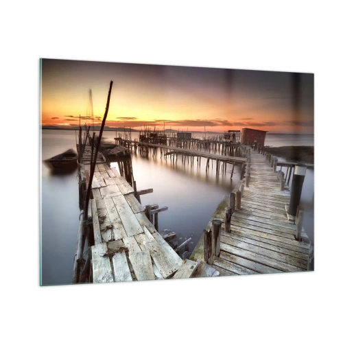 Cuadro sobre vidrio - Impresiones sobre Vidrio - Muelles de madera al atardecer sobre un lago tranquilo - 100x70cm - Auténtico, sublime - Decoración de pared moderna para salón y dormitorio ARTTOR