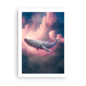 Póster - Una ballena vuela entre nubes rosadas al atardecer. - 50x70cm - La reina de los mares asciende - Decoración de pared moderna para salón y dormitorio ARTTOR