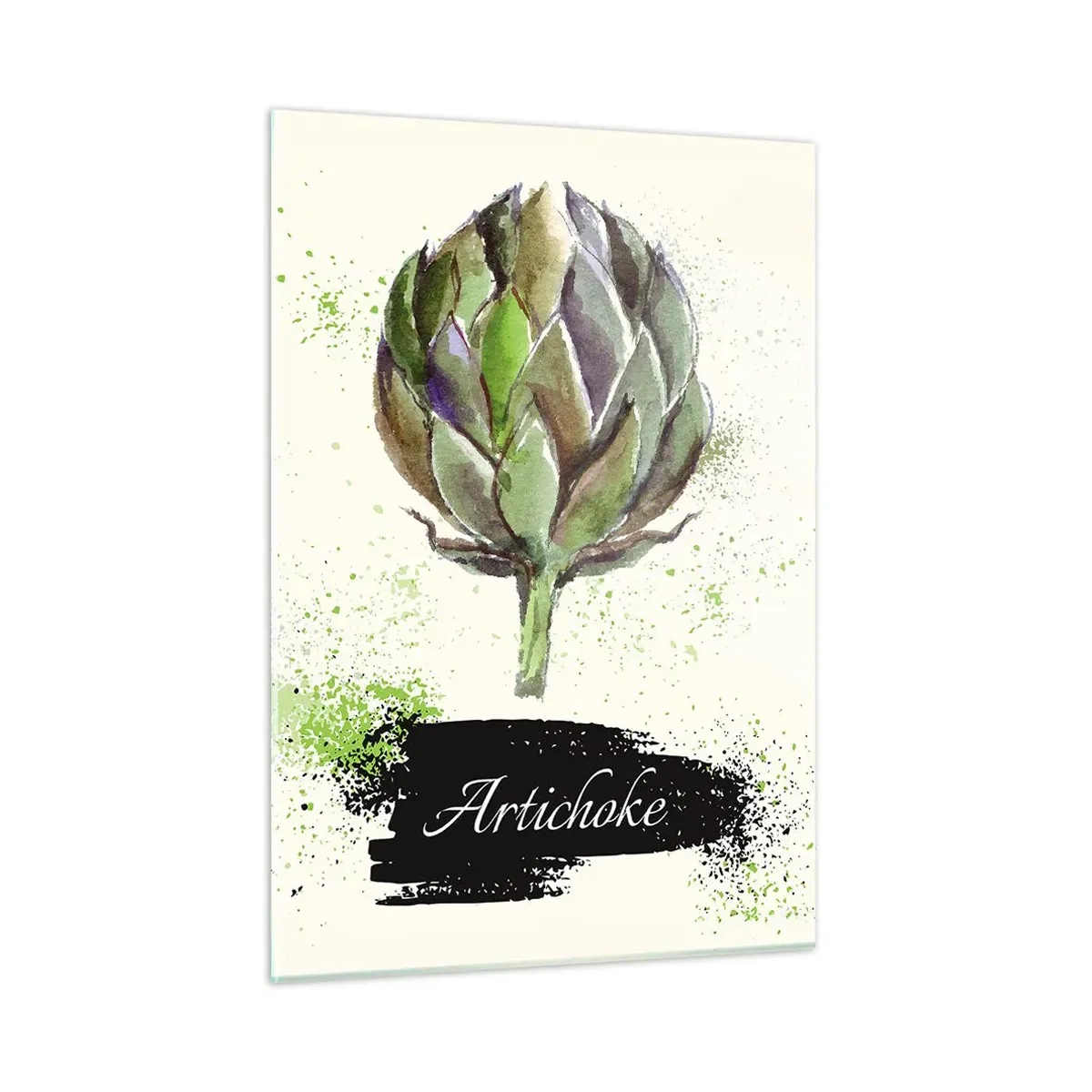 Cuadro sobre vidrio - Impresiones sobre Vidrio - Gráfico de alcachofa de acuarela con la palabra Alcachofa escrita en él - 50x70cm - El sabor del otoño - Decoración de pared moderna para salón y dormitorio ARTTOR