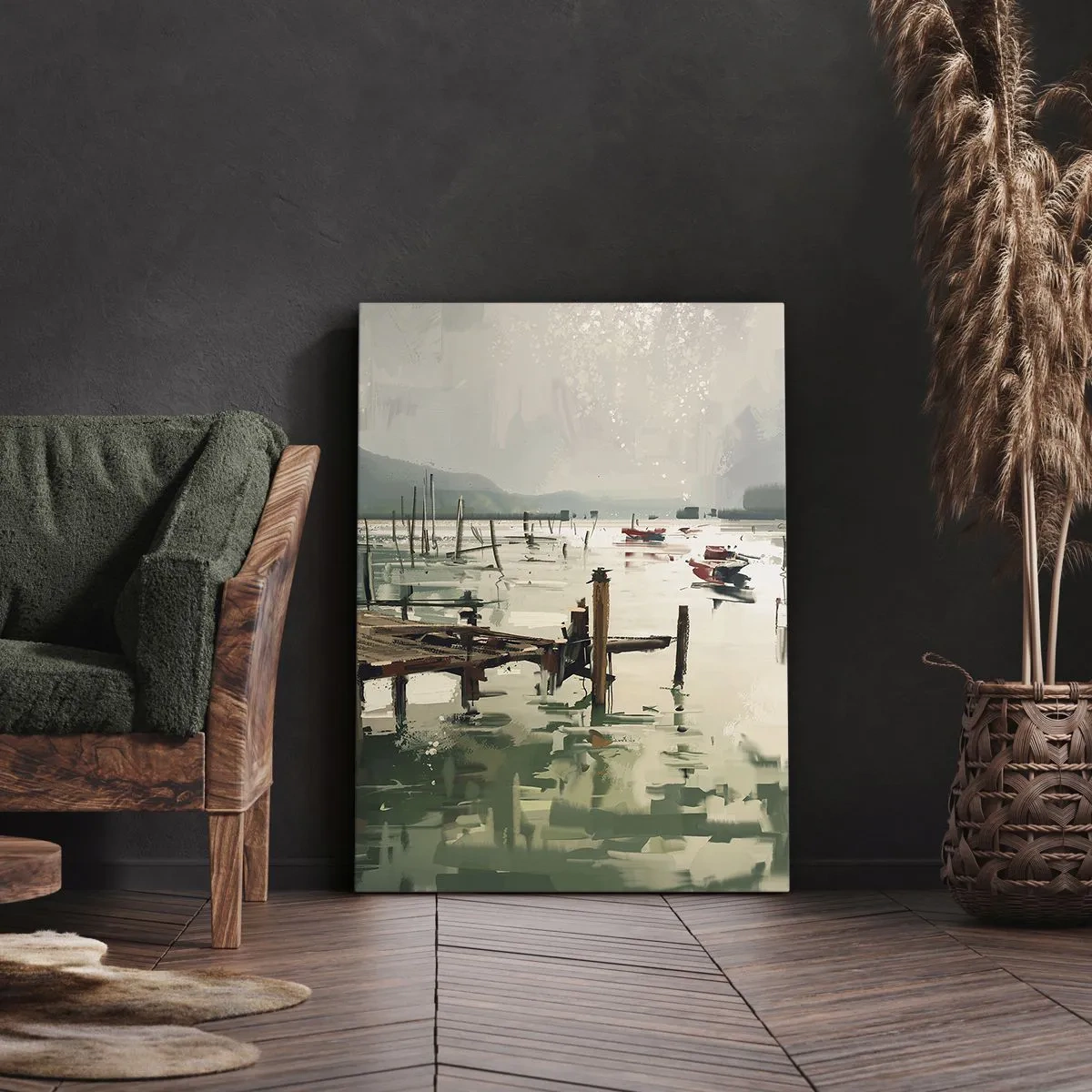 Cuadro sobre lienzo - Impresión de Imagen - Un puerto pintoresco con barcos en aguas tranquilas. - 50x70cm - Empapado en la luna fundida - Decoración de pared moderna para salón y dormitorio ARTTOR