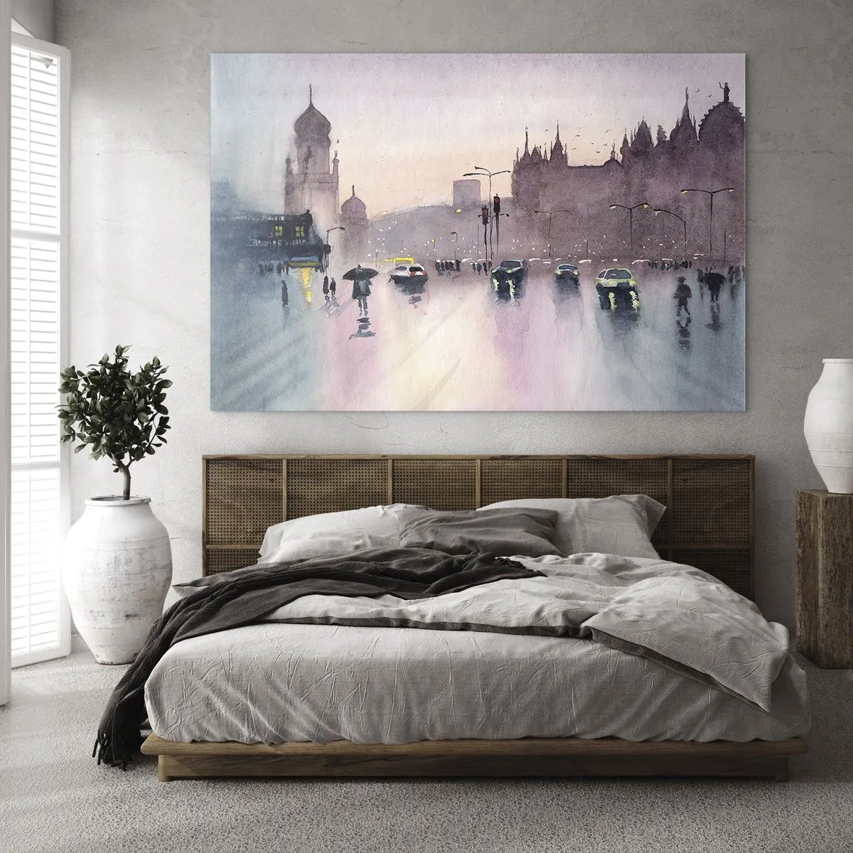 Cuadro sobre vidrio - Impresiones sobre Vidrio - Paisaje urbano lluvioso - 70x50cm - En una niebla lluviosa - Decoración de pared moderna para salón y dormitorio ARTTOR