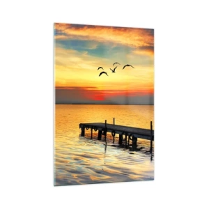 Cuadro sobre vidrio - Impresiones sobre Vidrio - Puesta de sol con un velero y un muelle en un lago tranquilo - 70x100cm - Regresos nocturnos - Decoración de pared moderna para salón y dormitorio ARTTOR