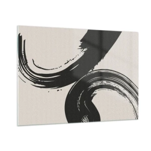 Cuadro sobre vidrio - Impresiones sobre Vidrio - Pinceladas caligráficas negras y dinámicas sobre un fondo claro. - 100x70cm - Barrido y circular - Decoración de pared moderna para salón y dormitorio ARTTOR