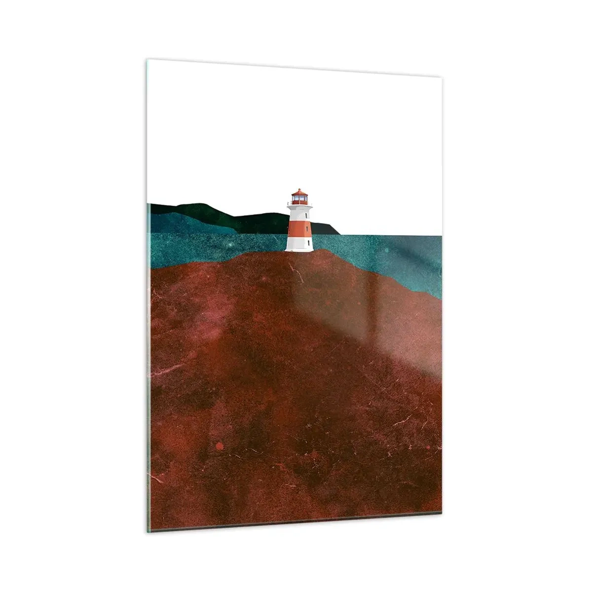 Cuadro sobre vidrio - Impresiones sobre Vidrio - Un faro con el mar turquesa y acantilados rojos como telón de fondo. - 50x70cm - Mirando al mar - Decoración de pared moderna para salón y dormitorio ARTTOR