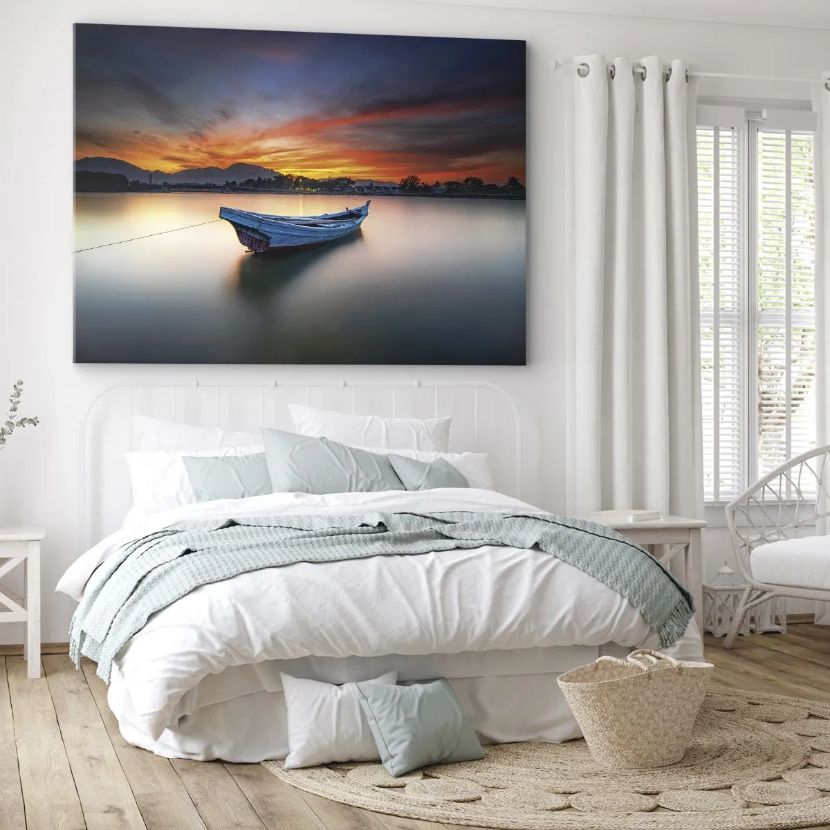 Cuadro sobre lienzo - Impresión de Imagen - Un barco en el agua durante una pintoresca puesta de sol. - 70x50cm - Se avecina una buena noche - Decoración de pared moderna para salón y dormitorio ARTTOR