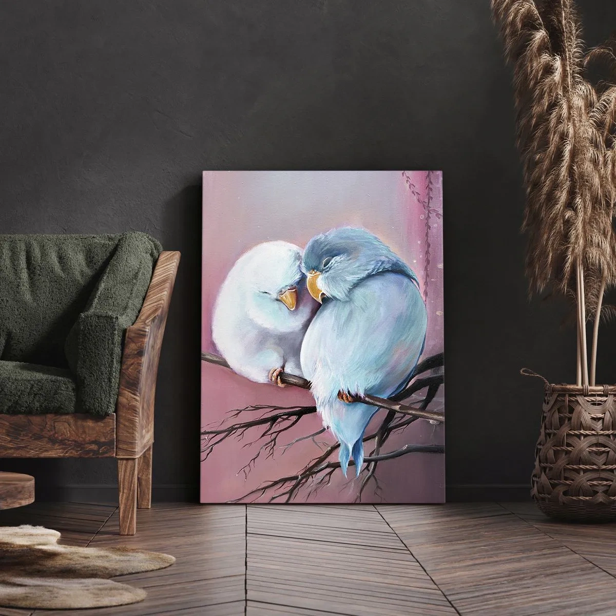 Cuadro sobre lienzo - Impresión de Imagen - Dos pájaros enamorados en una rama sobre un fondo rosa. - 50x70cm - Qué añadir aquí... - Decoración de pared moderna para salón y dormitorio ARTTOR