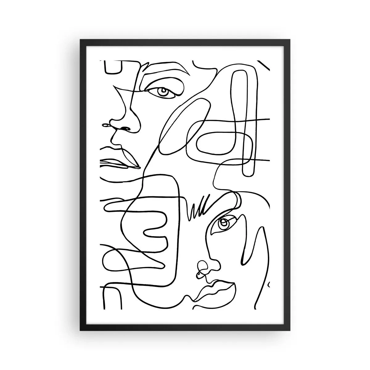 Póster en marco negro - Caras abstractas dibujadas con una línea - 50x70cm - Entre emociones enredadas - Decoración de pared moderna para salón y dormitorio ARTTOR