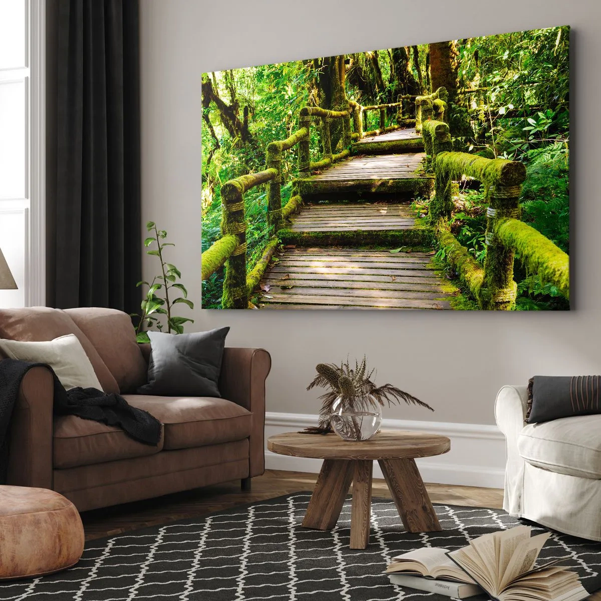 Cuadro sobre lienzo - Impresión de Imagen - Un puente de madera cubierto de musgo en una selva tropical. - 70x50cm - A través de un corredor verde - Decoración de pared moderna para salón y dormitorio ARTTOR