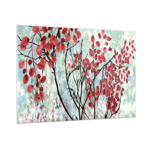 Cuadro sobre vidrio - Impresiones sobre Vidrio - Ramas con hojas rojas sobre un fondo pintado. - 100x70cm - Un árbol en escarlata - Decoración de pared moderna para salón y dormitorio ARTTOR
