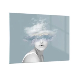 Cuadro sobre vidrio - Impresiones sobre Vidrio - El rostro de una mujer se funde con el cielo y las nubes en una visión surrealista. - 70x50cm - Con la cabeza en las nubes - Decoración de pared moderna para salón y dormitorio ARTTOR