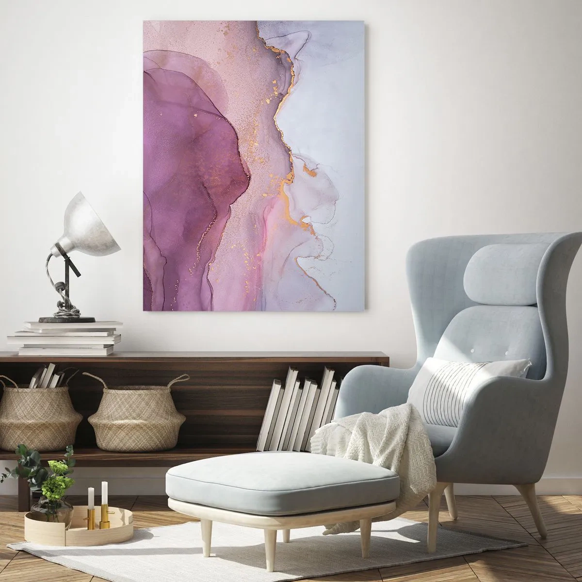 Cuadro sobre vidrio - Impresiones sobre Vidrio - Ondas abstractas en tonos morados con acentos dorados. - 50x70cm - Olas de lila y púrpura - Decoración de pared moderna para salón y dormitorio ARTTOR