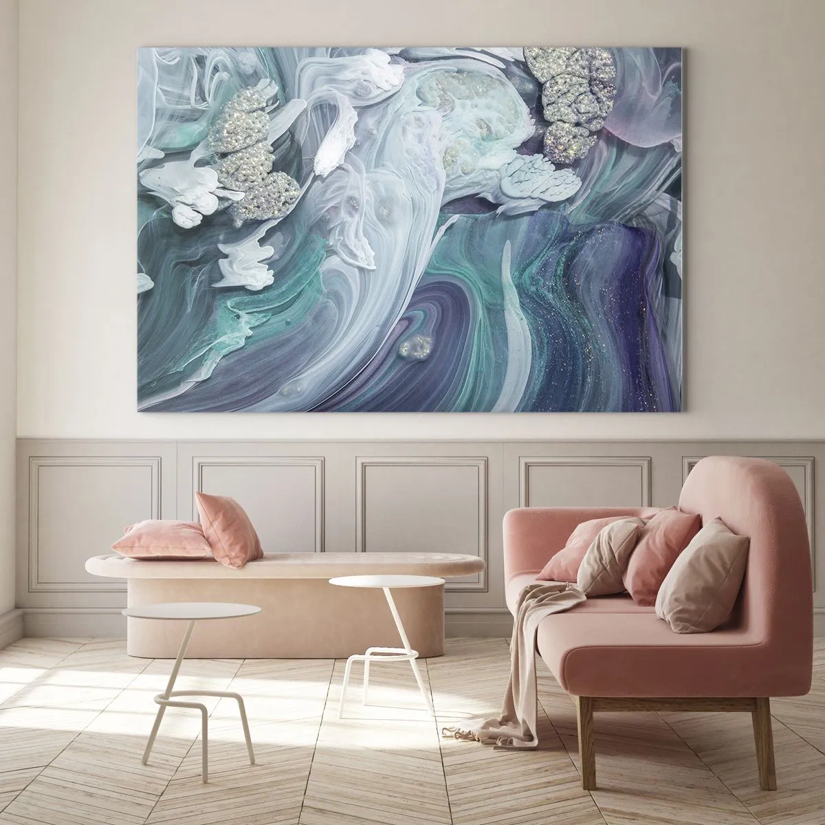 Cuadro sobre vidrio - Impresiones sobre Vidrio - Una composición abstracta en tonos azul, morado y blanco. - 70x50cm - Corrientes de azul - Decoración de pared moderna para salón y dormitorio ARTTOR