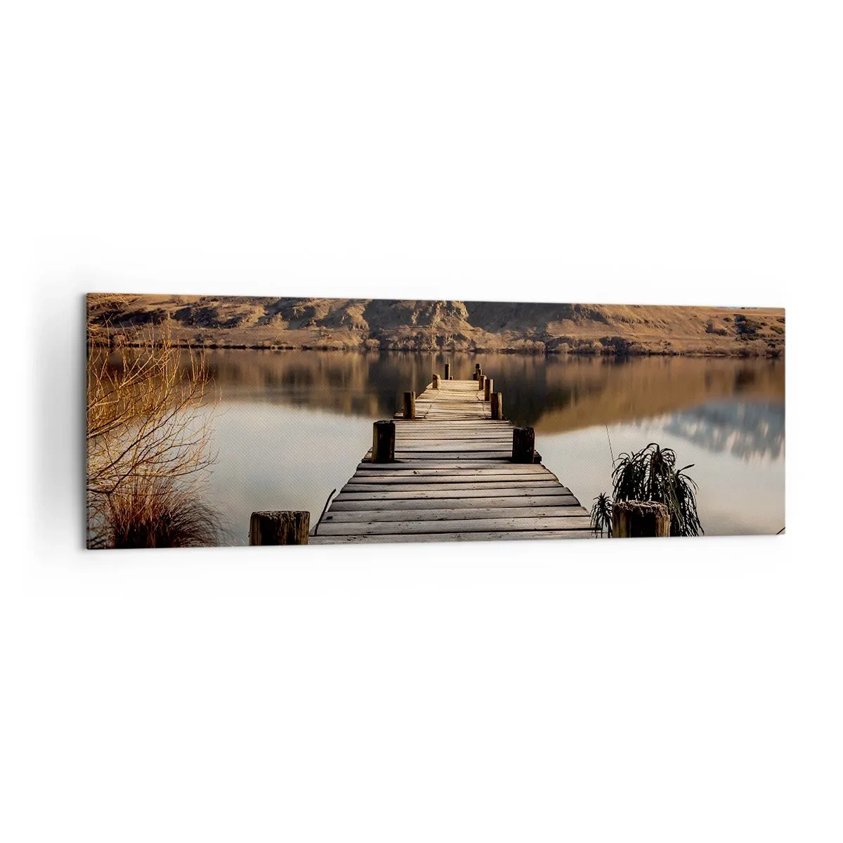Cuadro sobre lienzo - Impresión de Imagen - Un muelle de madera sobre un lago rodeado de pintorescas colinas. - 160x50cm - Un paisaje en silencio - Decoración de pared moderna para salón y dormitorio ARTTOR