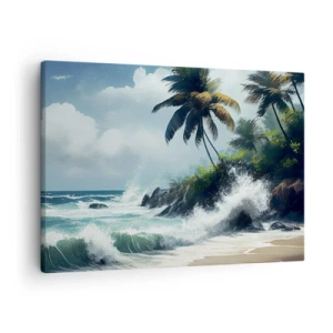 Cuadro sobre lienzo - Impresión de Imagen - Costa tropical con palmeras y mar agitado. - 70x50cm - En una costa tropical - Decoración de pared moderna para salón y dormitorio ARTTOR