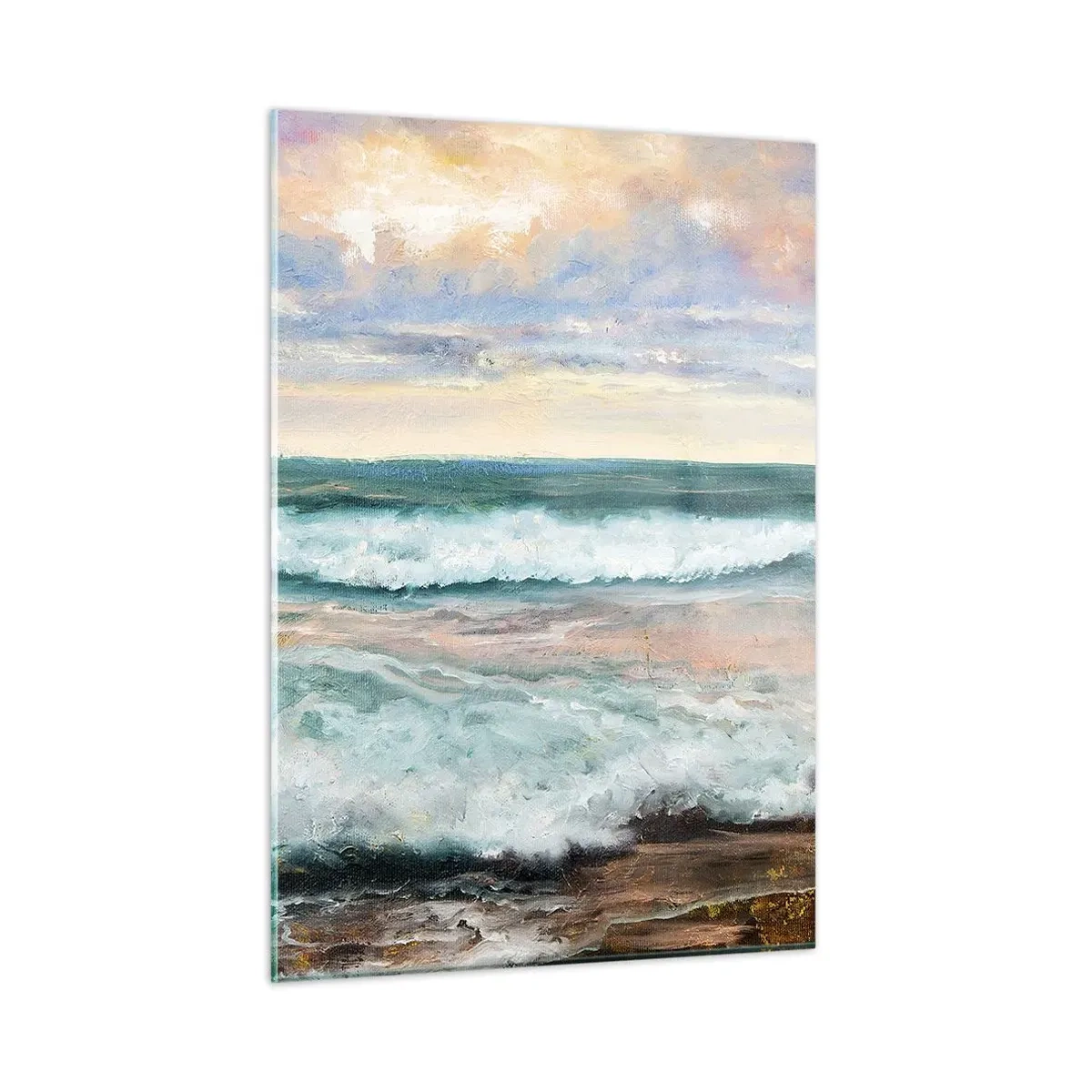 Cuadro sobre vidrio - Impresiones sobre Vidrio - Una pintura que representa las olas rompiendo contra la orilla. - 50x70cm - Aquí suavizarás tu alma - Decoración de pared moderna para salón y dormitorio ARTTOR