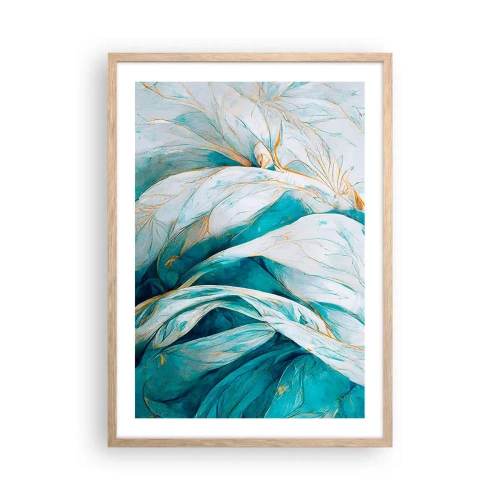 Póster en marco roble claro - Abstracción azul con motivos dorados - 50x70 cm