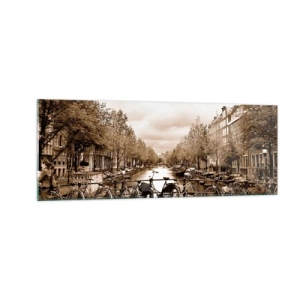Cuadro sobre vidrio - Impresiones sobre Vidrio - Puente para bicicletas sobre el canal en sepia - 140x50cm - Holanda solo hay una - Decoración de pared moderna para salón y dormitorio ARTTOR